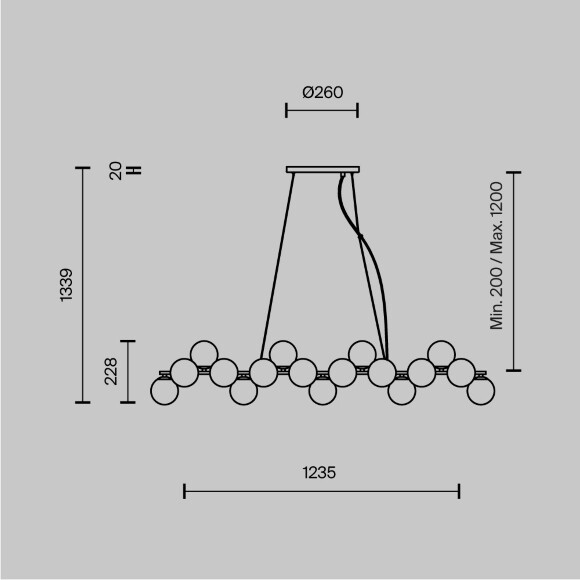 Подвесной светильник вытянутый с плафонами в виде шаров Maytoni MOD547PL-25G