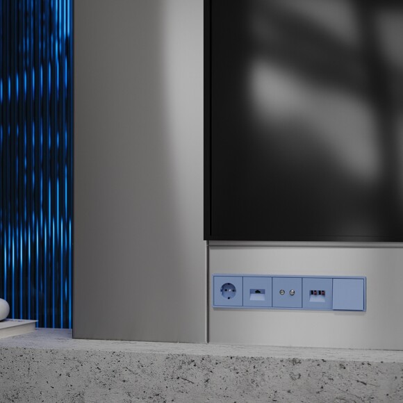 VLS001515 Накладка для розетки акустической 4-местной для подключения звуковоспроизводящих устройств (для проводов сечением 0,5 — 4 ММ²) синего джинсового цвета VOLTUM S70 (деним)