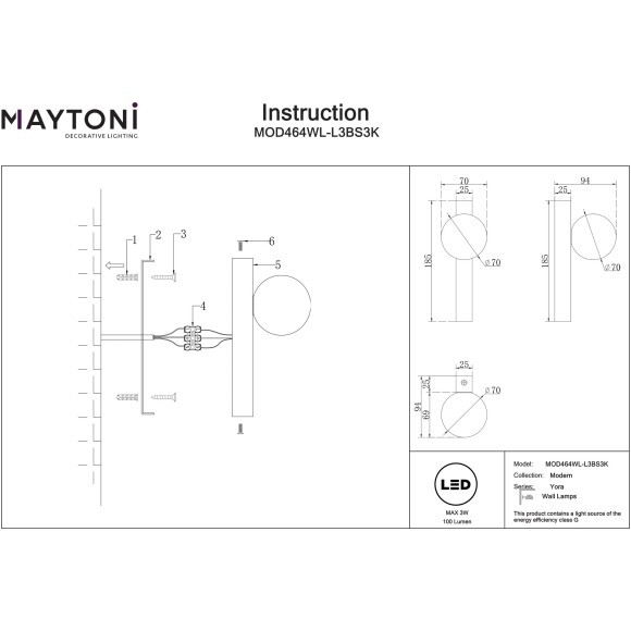 MOD464WL-L3BS3K Настенный латунный светодиодный светильник (бра) 3Вт, 3000К, 80CRI, 180° Maytoni Yora 