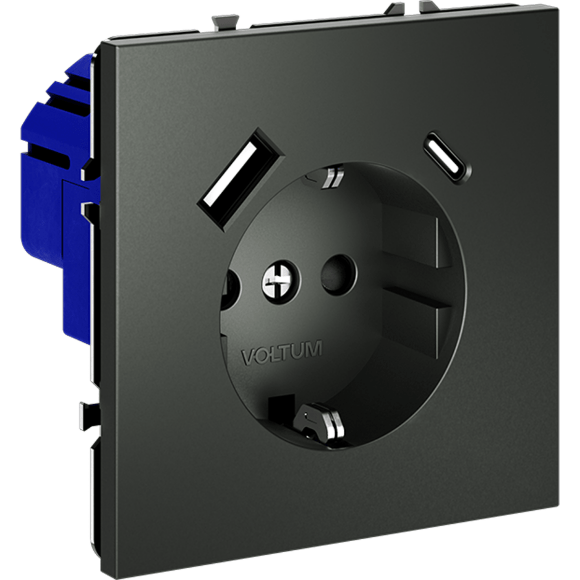VLS040506 Розетка встраиваемая с заземлением и защитными шторками и с двумя USB зарядками Type-А и Type-C. Ток 16 Ампер (3500 Ватт) титанового цвета VOLTUM S70 (титан)