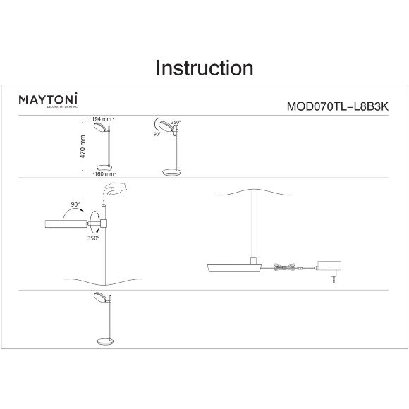 Настольная LED лампа Maytoni Fad MOD070TL-L8B3K 8Вт 3000K 420Лм 120° CRI80, матовый черный металл, металлический корпус, поворотный цилиндрический плафон, сенсорный диммер на корпусе