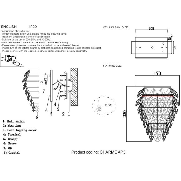 Бра Crystal Lux CHARME AP3 CHROME/TRANSPARENT
