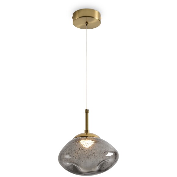 Freya Mote FR5601PL-01GR Светильник светодиодный подвесной, декоративный интерьерный подвес с металлом цвета латунь, плафон 19,5см стекло дымчатое с вкраплениями, CCT перекл. цветовой температуры на драйвере, LED 5Вт 2700;3000;4000К CRI80 360° IP20 220V