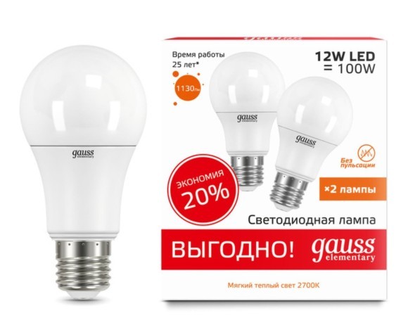 Лампа Gauss LED Elementary A60 12W E27 2700K 2/50 (2 лампы в упаковке)