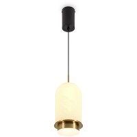 Freya Iride FR5627PL-L7BBS Подвесной светодиодный светильник, макс. высота 236см, стеклянный белый плафон 13 см с мраморным эффектом и полосами, арматура латунь/черная LED 12Вт 2700K 1000Лм CRI80 360° IP20 220В