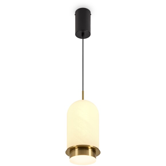 Freya Iride FR5627PL-L7BBS Подвесной светодиодный светильник, макс. высота 236см, стеклянный белый плафон 13 см с мраморным эффектом и полосами, арматура латунь/черная LED 12Вт 2700K 1000Лм CRI80 360° IP20 220В