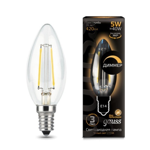 103801105-D Лампа Gauss Filament Свеча 5W 420lm 2700К Е14 диммируемая LED 1/10/50