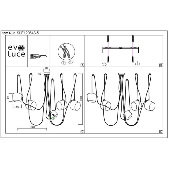 SLE120643-05 Светильник подвесной Черный/Черный E27 5*40W TRIESTE