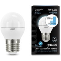 105102207-S Лампа Gauss Шар 7W 550lm 4100K Е27 шаг. диммирование LED 1/10/100