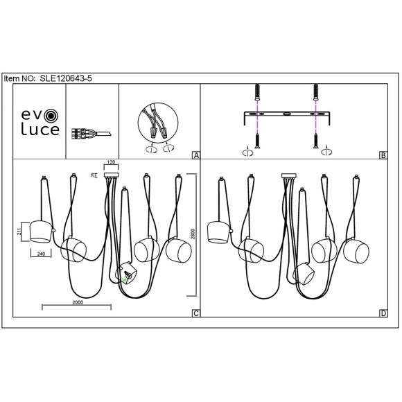SLE120653-05 Светильник подвесной Белый/Белый E27 5*40W TRIESTE