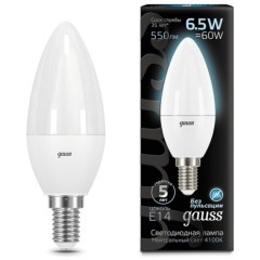103101207 Лампа Gauss LED Свеча E14 6.5W 550lm 4100К 1/10/50 103101207 Лампа Gauss LED Свеча E14 6.5W 550lm 4100К 1/10/50