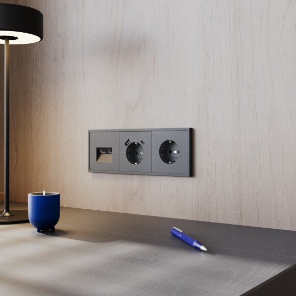 VLS060207 Розетка компьютерная двойная RJ45+RJ45 категории 6Е (для проводов CAT5-CAT6 до 10 Гбит/сек) графитового цвета VOLTUM S70 (графит)