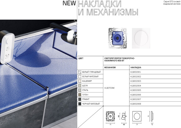 VLS002008 Накладка для диммера (светорегулятора) поворотно-нажимного черного матового цвета VOLTUM S70 (черный матовый)