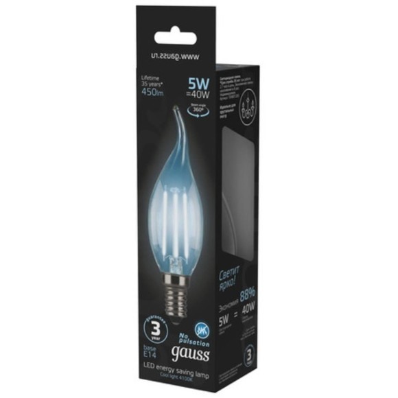 104801205 Лампа Gauss LED Filament Свеча на ветру E14 5W 450lm 4100K 1/10/50