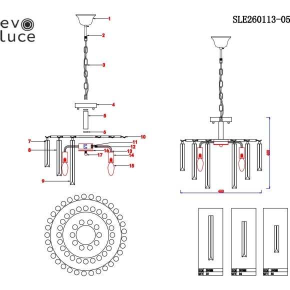 SLE260113-05 Светильник подвесной Серебро/Прозрачный E14 5*40W REGGIO