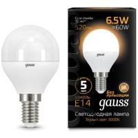 105101107 Лампа Gauss LED Шар E14 6.5W 520lm 3000K 1/10/50