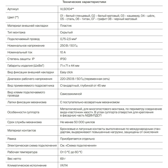 VLS010406 Проходной выключатель (переключатель) встраиваемый одноклавишный с подсветкой 10 ампер (2200 Ватт) титанового цвета VOLTUM S70 (титан)