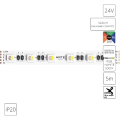 Arte Lamp A2406012-02-RGB3K Светодиодная лента RGB+3000K, длина 5м, ширина 12 мм, SMD5050 14,4Вт/м (на канал 3,6Вт/м) 590Лм/м (R:75Лм G:190 B:45 W: 280) 120° CRI90+ IP20 24В, кратность резки 100мм, -20°...+45°C