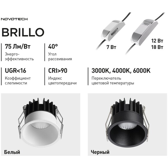 Novotech BRILLO 359862 Черный круглый встраиваемый светильник диаметром 63мм, с CCT переключателем цветовой температуры LED 7Вт 550Лм 40° CRI≥90 UGR≤16 3000-4000-6000К IP20 220V, коэффициент пульсации<1%