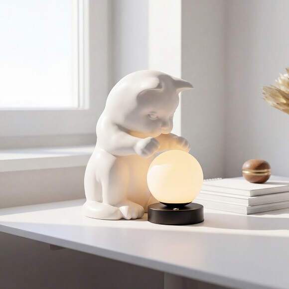 Freya Whisker FR5607TL-01W Настольный декоративный светодиодный светильник, настольная лампа кот с шаром, высота 27 см, LED 4Вт 3000K 300Лм 360° IP20 220В, сенсорный выключатель на основании