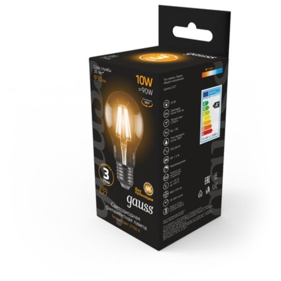102802110 Лампа Gauss LED Filament A60 E27 10W 930lm 2700К 1/10/40