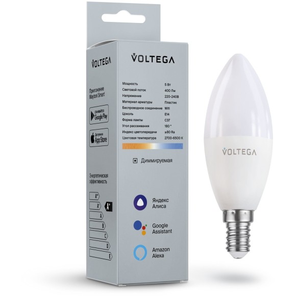 Лампа со SMART управлением по Wi-Fi, DIM, E14 5W 2700-6500K 80RA 180° 400лм Voltega 2427