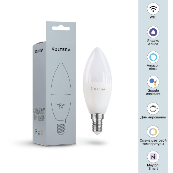 Лампа со SMART управлением по Wi-Fi, DIM, E14 5W 2700-6500K 80RA 180° 400лм Voltega 2427