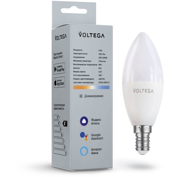 Лампа со SMART управлением по Wi-Fi, DIM, E14 5W 2700-6500K 80RA 180° 400лм Voltega 2427