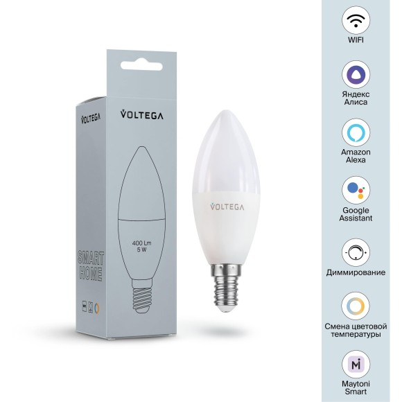 Лампа со SMART управлением по Wi-Fi, DIM, E14 5W 2700-6500K 80RA 180° 400лм Voltega 2427