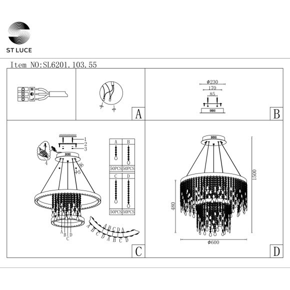 SL6201.103.55 Люстра подвесная ST-Luce Серебристый/Прозрачный LED 1*55W 3000K/4000K/6000K VEGA