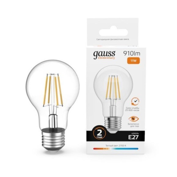 22211 Лампа Gauss Filament Elementary А60 11W 910lm 2700К Е27 LED 1/10/50
