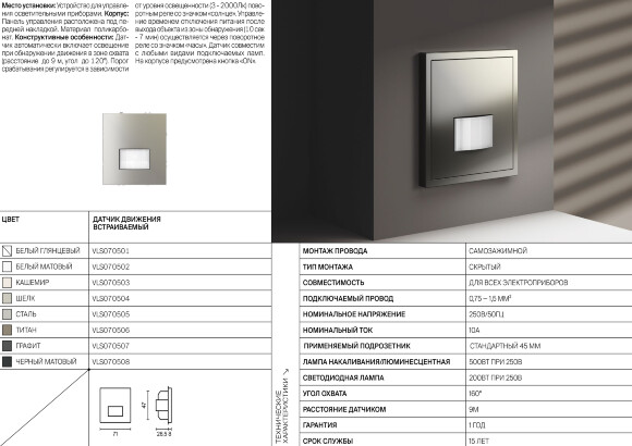VLS002208 Накладка для датчика движения встраиваемого черного матового цвета. Расстояние до 9 м, угол до 120°, мощность 500 Ватт VOLTUM S70 (черный матовый)