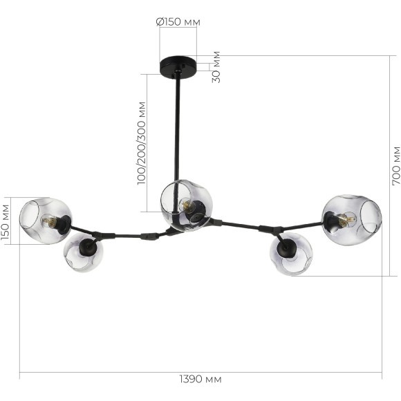 SLE154843-05 Светильник подвесной Черный/Дымчатый E27 5*40W RAMETTO