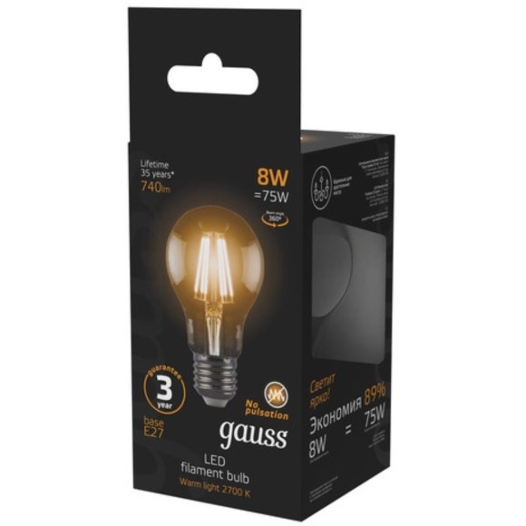 102802108 Лампа Gauss Filament А60 8W 740lm 2700К Е27 LED 1/10/40 102802108 Лампа Gauss Filament А60 8W 740lm 2700К Е27 LED 1/10/40