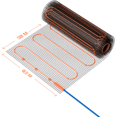 VLT01-200-15 Нагревательный мат (Теплый пол) длиной 30 метров и шириной полметра (0,5 метра) Voltum Т200 мощность 3000Вт 200Вт/м², двужильный экранированный кабель, клеевая основа, укладка в плиточный клей/стяжку, гарантия 25 лет