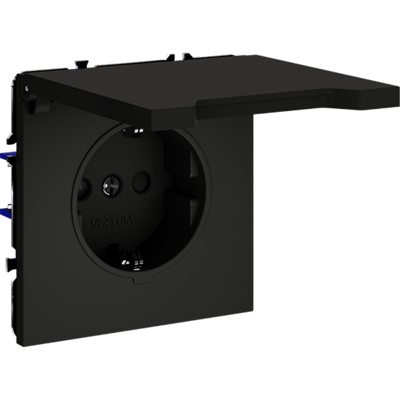 VLS040308 Розетка встраиваемая с заземлением, защитными шторками и крышкой 16 Ампер (3500 Ватт) черного матового цвета VOLTUM S70 (черный матовый)
