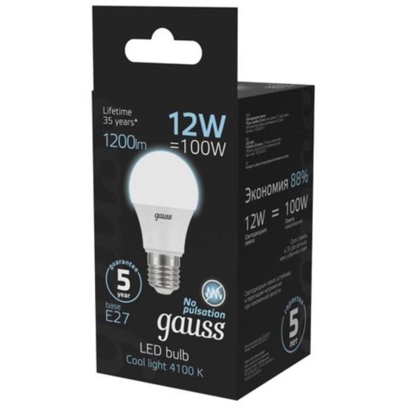 102502212 Лампа Gauss LED A60 12W E27 1200lm 4100K 1/10/50