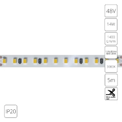 Arte Lamp A4812010-05-3K Светодиодная лента, длина 5м, ширина 10 мм, SMD2835 120шт/м 14Вт/м 1400Лм/м 3000К 120° CRI90+ IP20 48В, кратность резки 100мм, -20°...+45°C