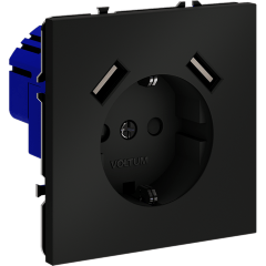 VLS040408 Розетка встраиваемая с заземлением и защитными шторками и с двумя USB A+A Зарядками TYPE-А. Ток 16 Ампер (3500 Ватт) черного матового цвета VOLTUM S70 (черный матовый)
