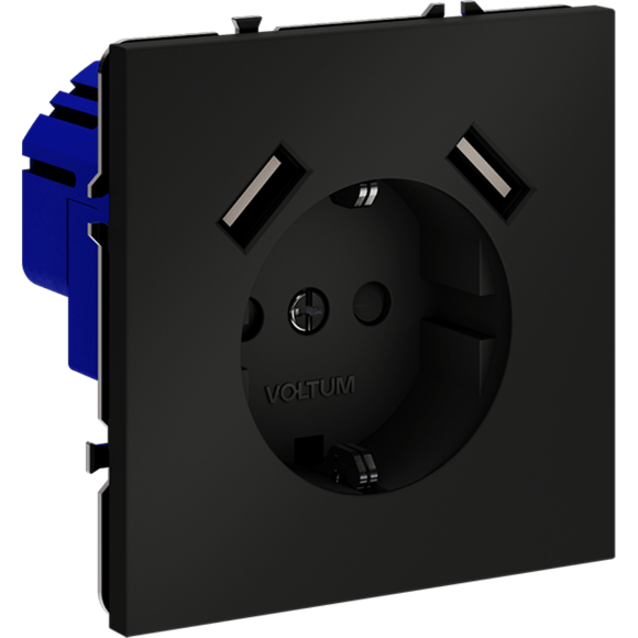 VLS040408 Розетка встраиваемая с заземлением и защитными шторками и с двумя USB A+A Зарядками TYPE-А. Ток 16 Ампер (3500 Ватт) черного матового цвета VOLTUM S70 (черный матовый)