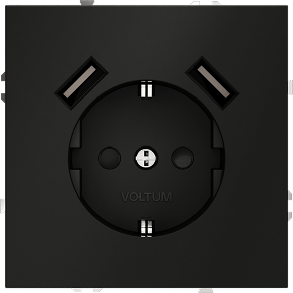 VLS040408 Розетка встраиваемая с заземлением и защитными шторками и с двумя USB A+A Зарядками TYPE-А. Ток 16 Ампер (3500 Ватт) черного матового цвета VOLTUM S70 (черный матовый)