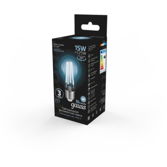 102902215 Лампа Gauss Filament А60 15W 1450lm 4100К Е27 LED 1/10/40