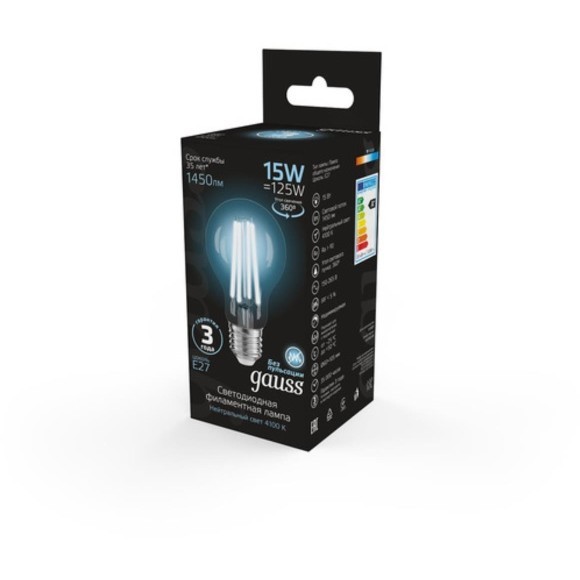 102902215 Лампа Gauss Filament А60 15W 1450lm 4100К Е27 LED 1/10/40