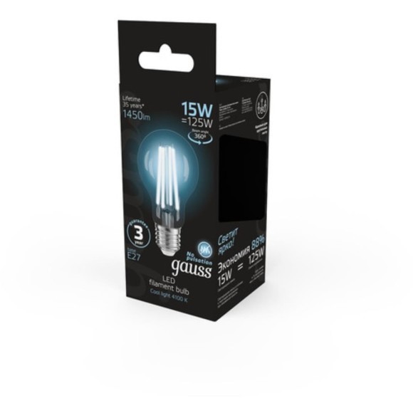 102902215 Лампа Gauss Filament А60 15W 1450lm 4100К Е27 LED 1/10/40