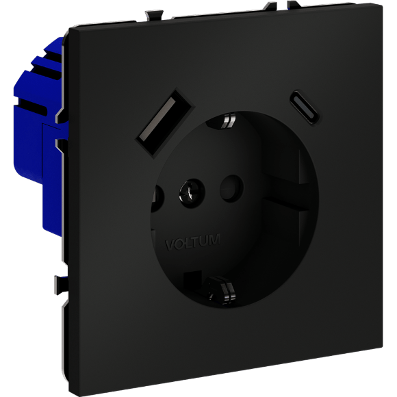 VLS040508 Розетка встраиваемая с заземлением и защитными шторками и с двумя USB зарядками Type-А и Type-C. Ток 16 Ампер (3500 Ватт) черного матового цвета VOLTUM S70 (черный матовый)