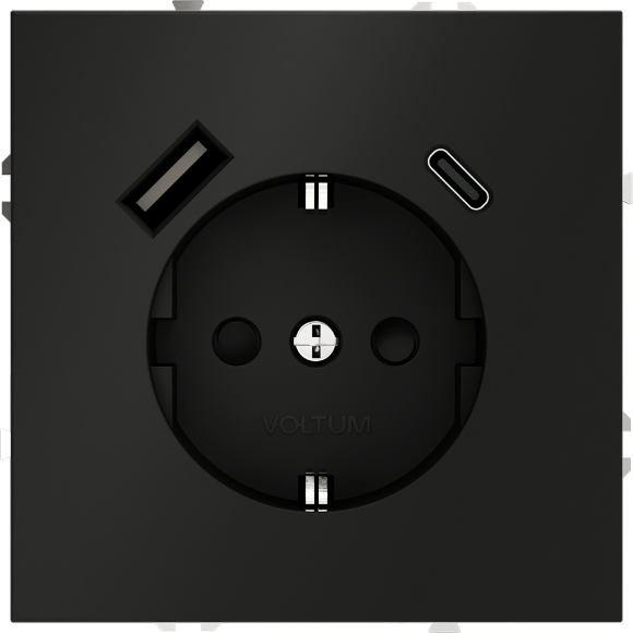 VLS040508 Розетка встраиваемая с заземлением и защитными шторками и с двумя USB зарядками Type-А и Type-C. Ток 16 Ампер (3500 Ватт) черного матового цвета VOLTUM S70 (черный матовый)