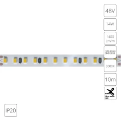 Arte Lamp A4812010-07-3K Светодиодная лента, длина 10м, ширина 10 мм, SMD2835 120шт/м 14Вт/м 1400Лм/м 3000К 120° CRI90+ IP20 48В, кратность резки 100мм, -20°...+45°C