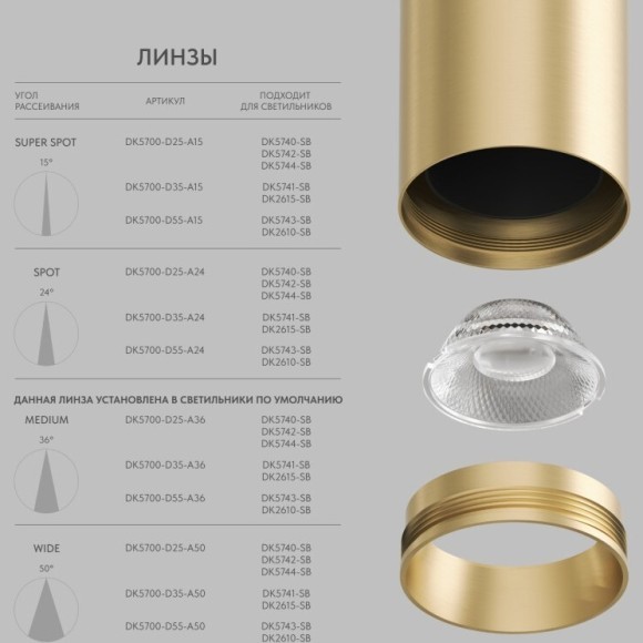 Линза 35mm, угол рассеивания света 15° для светильников SHINE DK5741/DK2615, поликарбонат
