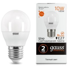 Светодиодная лампа Gauss Шар 10W 710Lm 3000K E27 CRI80 арт 53210 Светодиодная лампа Gauss Шар 10W 710Lm 3000K E27 CRI80 арт 53210