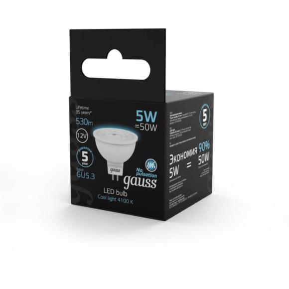 201505205 Лампа Gauss LED MR16 GU5.3 5W 12V 530lm 4100K 1/10/100